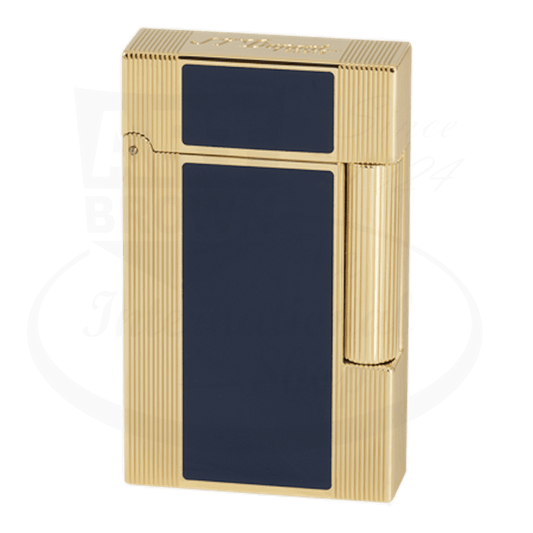 S.T. Dupont Ligne 2 Blue Lacquer and Gold Stripes Lighter 016381 metal body with blue lacquer panels and gold stripes