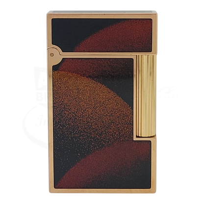 S.T. Dupont Ligne 2 Art Deco lacquer and gold soft flame lighter with geometric red brown and black design