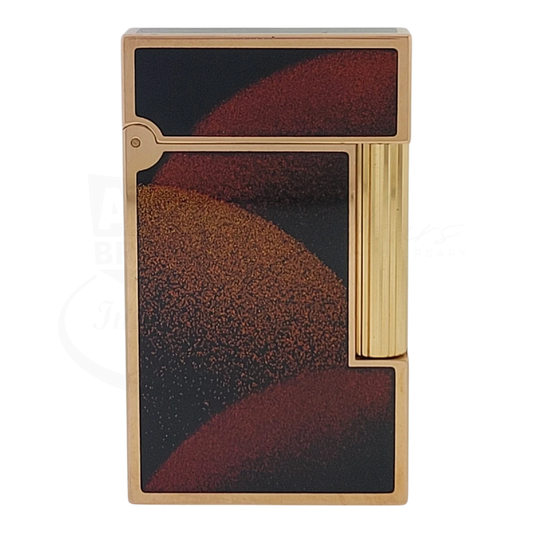 S.T. Dupont Ligne 2 Art Deco lacquer and gold soft flame lighter with geometric red brown and black design