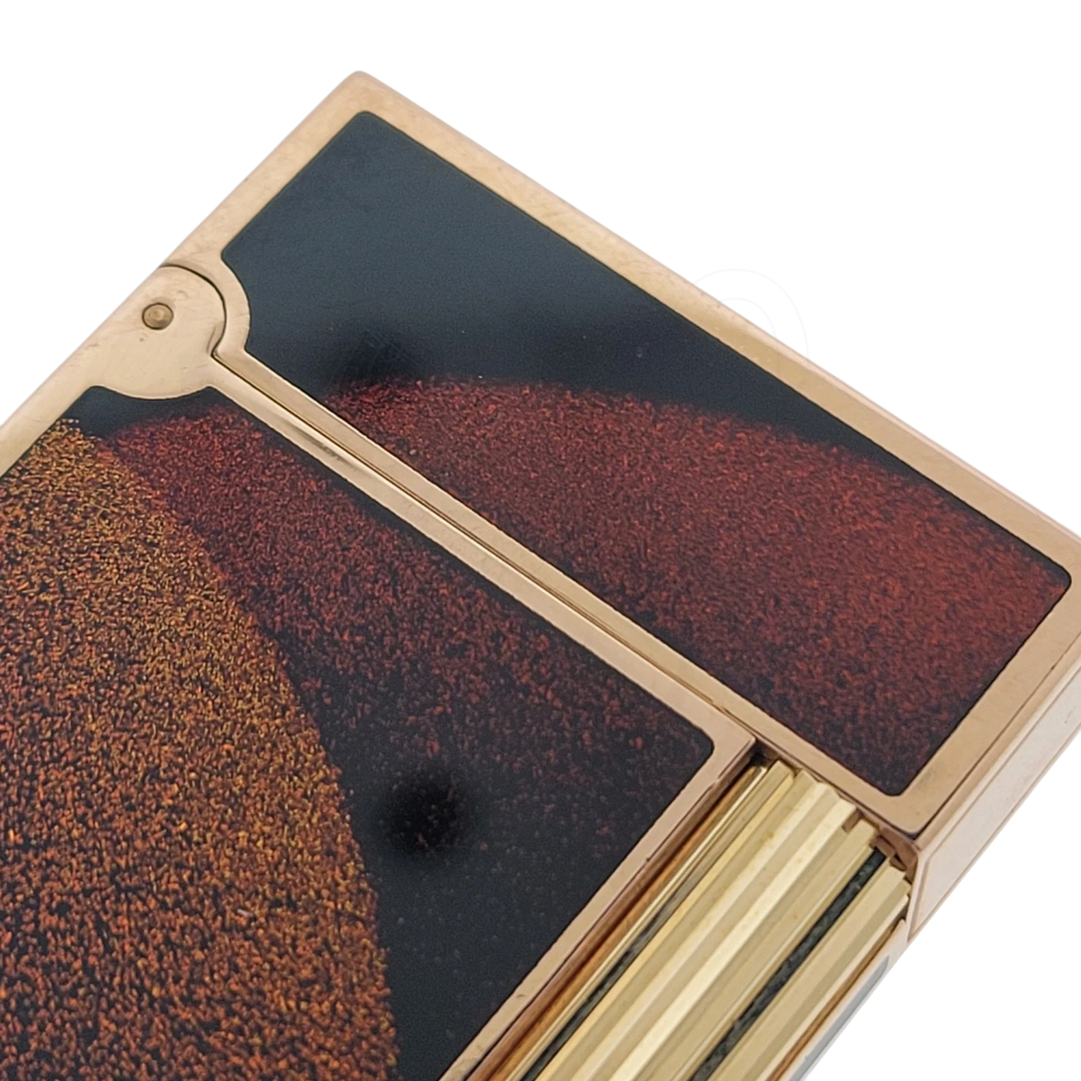 S.T. Dupont Ligne 2 Art Deco lighter close up with geometric lacquer panels and gold ribbed detailing