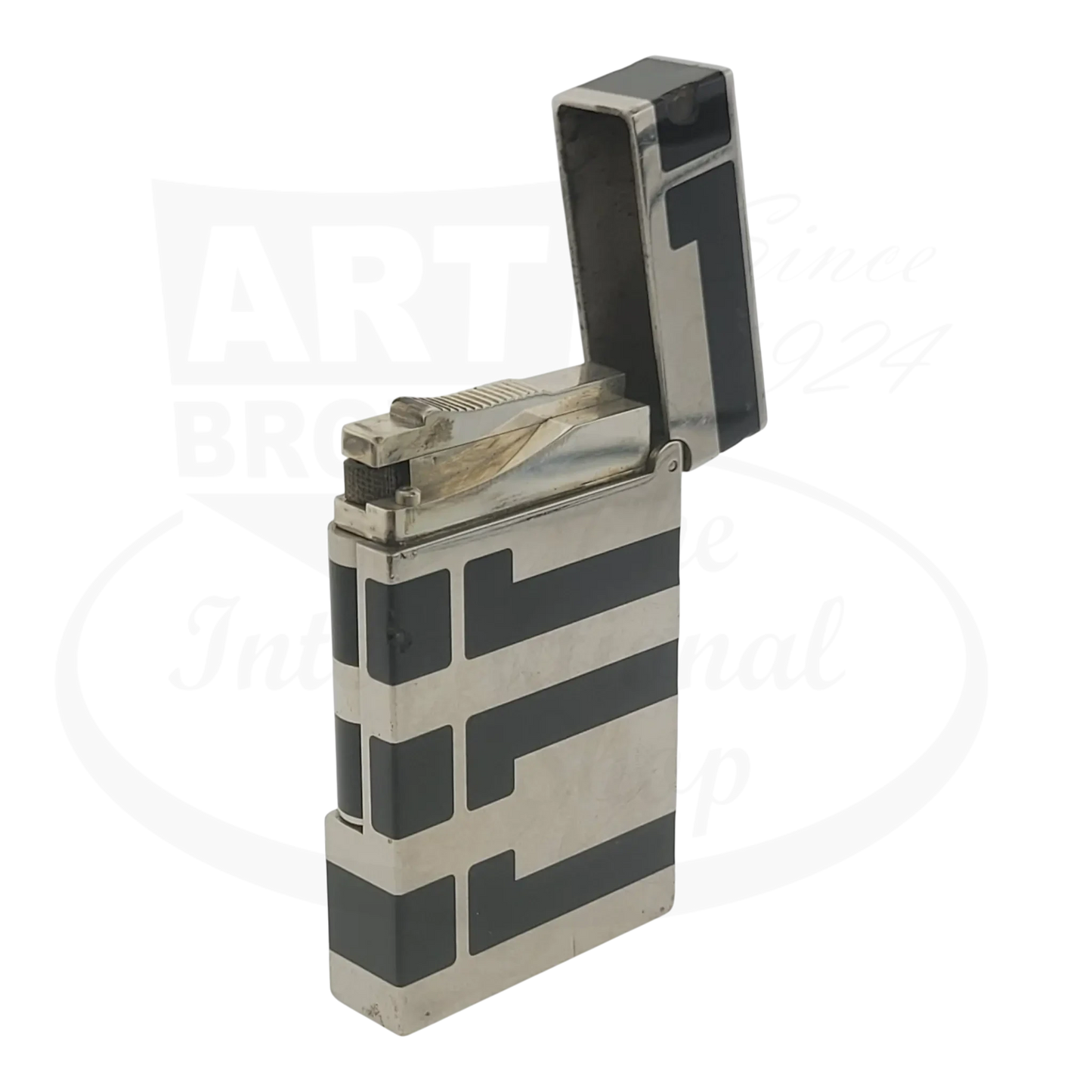 S.T. Dupont Ligne 2 016742 palladium and black lacquer lighter, open, showing wear and surface dents