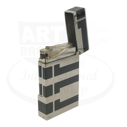 S.T. Dupont Ligne 2 016742 palladium and black lacquer lighter, open, showing wear and surface dents