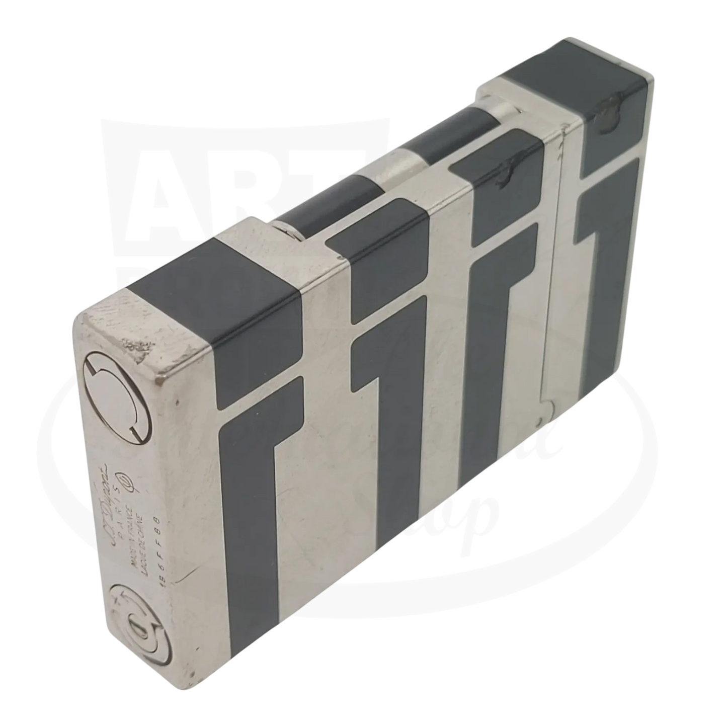 S.T. Dupont Ligne 2 016742 palladium and black lacquer lighter with visible wear, dents, and chips on surface