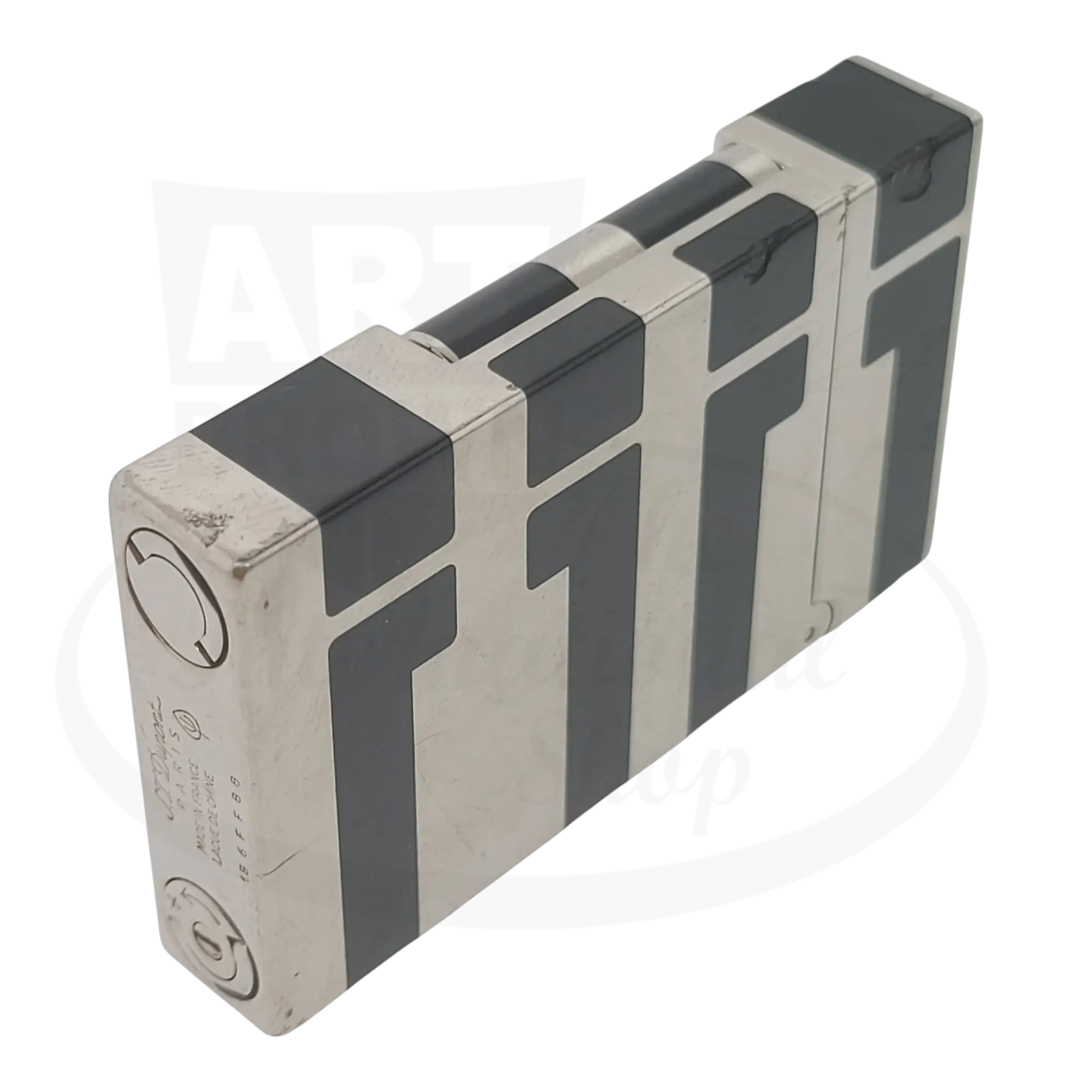S.T. Dupont Ligne 2 016742 palladium and black lacquer lighter with visible wear, dents, and chips on surface