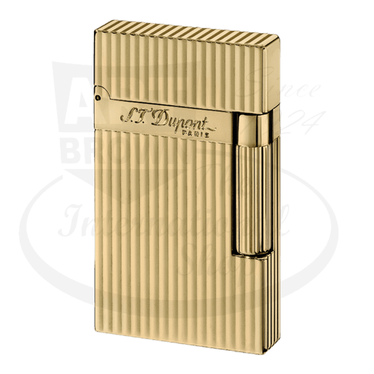 S.T. Dupont Ligne 2 016827-D1 brass gold-plated lighter featuring vertical line pattern and classic rectangular design with branded engraving