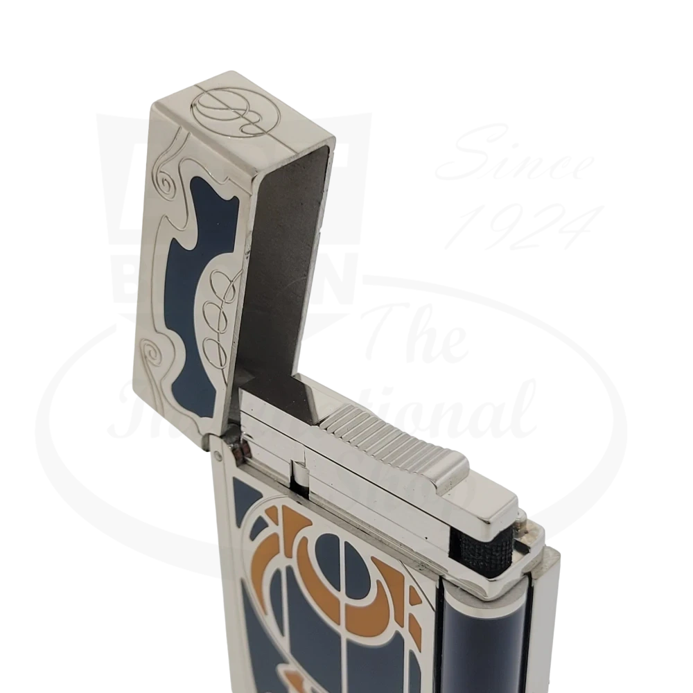 S.T. Dupont Limited Edition Casa Fenoglio luxury cigar lighter with natural orange lacquer, blue lacquer, and palladium finish inside of the lid