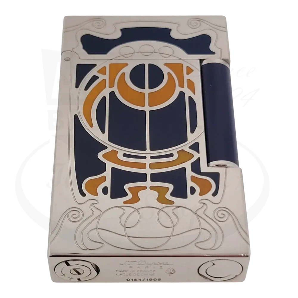 S.T. Dupont Limited Edition Casa Fenoglio luxury cigar lighter with natural orange lacquer, blue lacquer, and palladium finish. Top view 