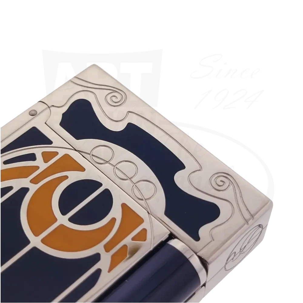 Corner of S.T. Dupont Limited Edition Casa Fenoglio luxury cigar lighter with natural orange lacquer, blue lacquer, and palladium finish. 
