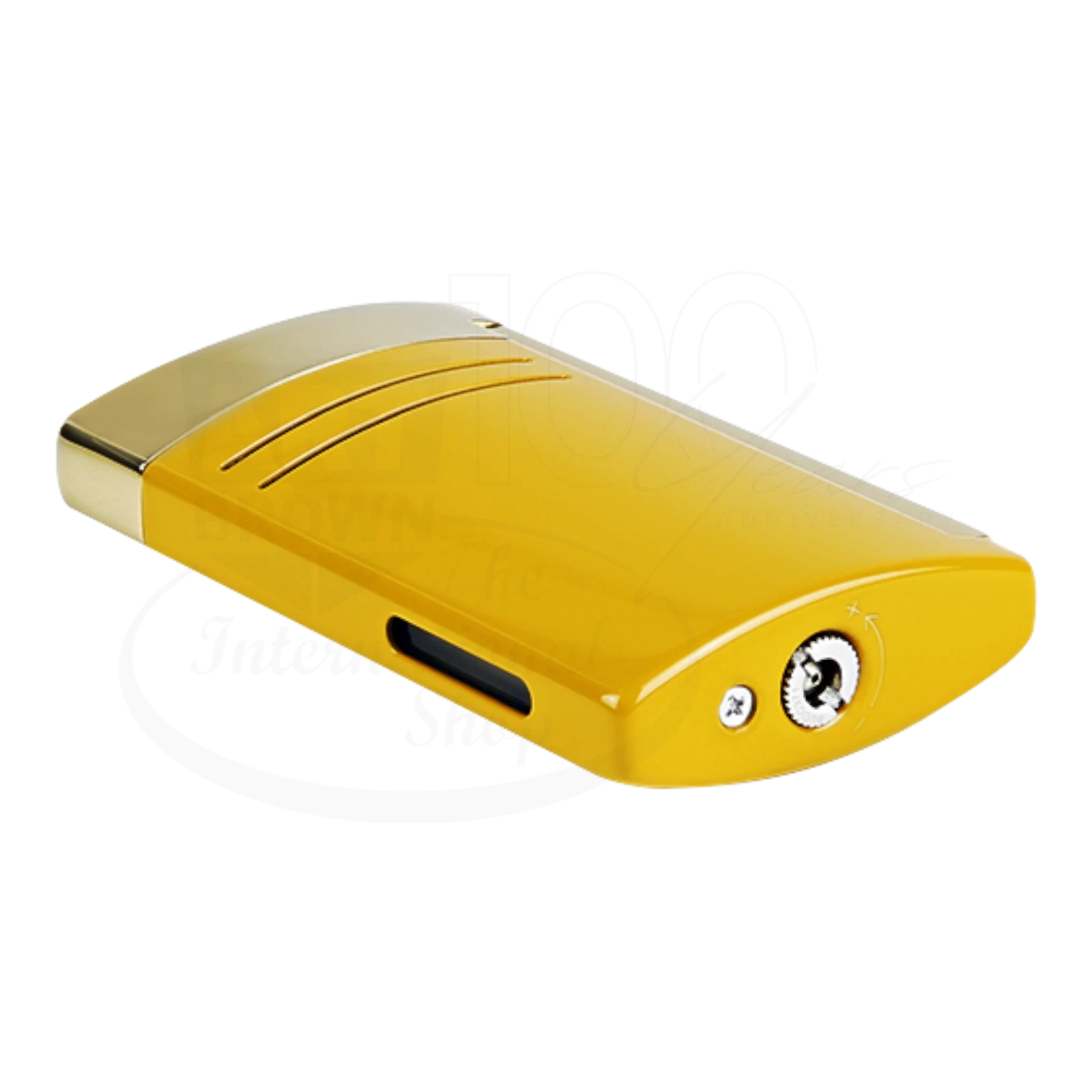 S.T. Dupont Maxijet torch lighter in honey yellow with gold accents, showing refill and flame adjustment valves on the bottom.
