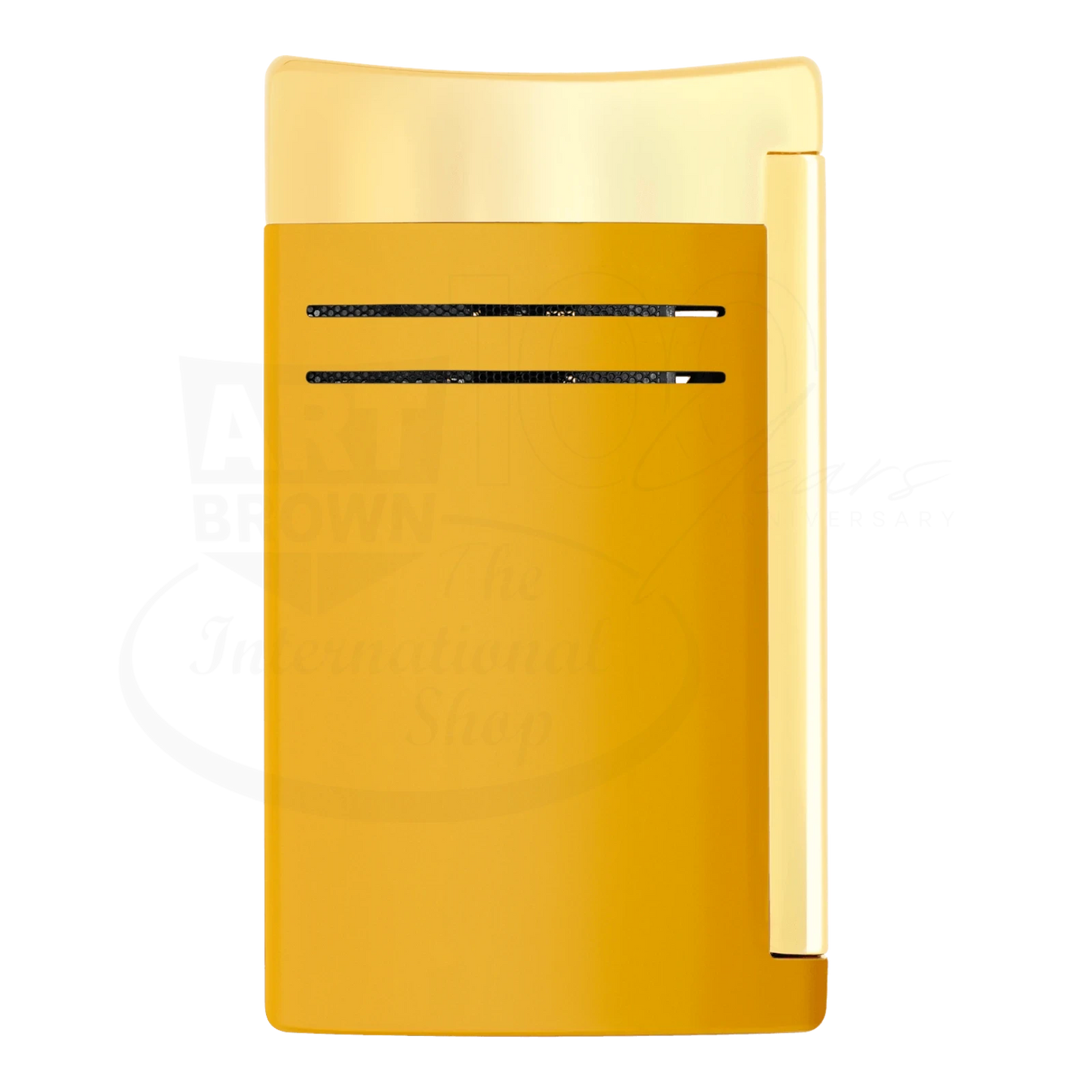S.T. Dupont Maxijet torch lighter in honey yellow with gold accents, front view.