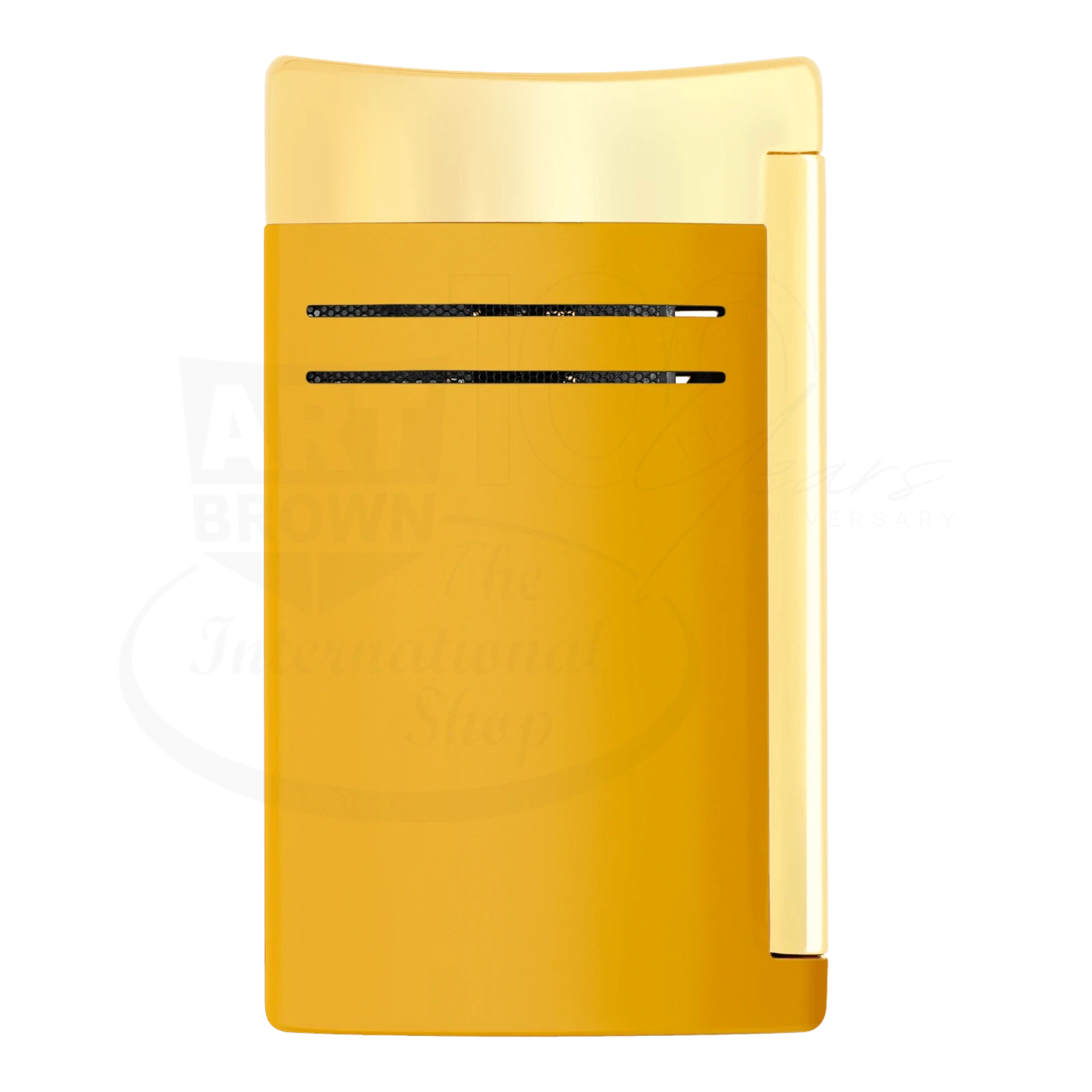 S.T. Dupont Maxijet torch lighter in honey yellow with gold accents, front view.