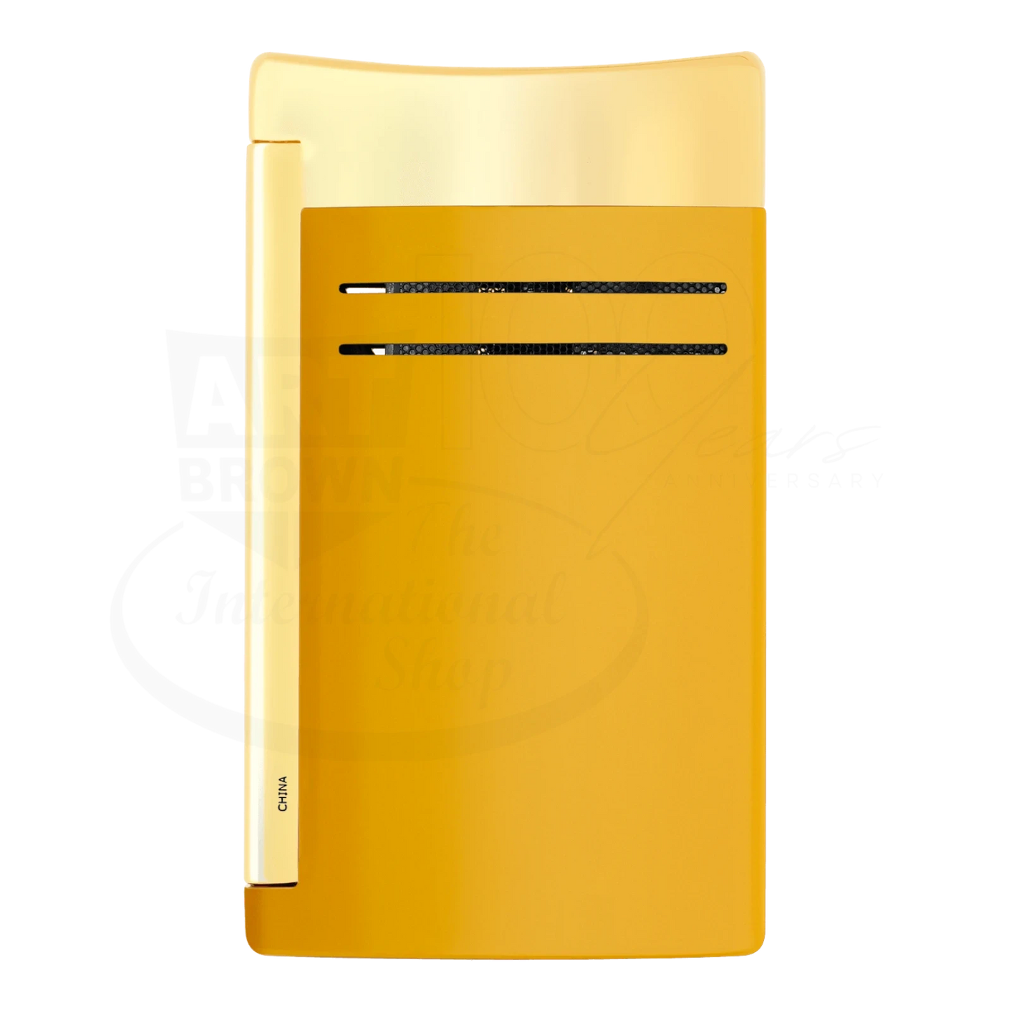 S.T. Dupont Maxijet torch lighter in honey yellow with gold accents, back view, made in China marking.