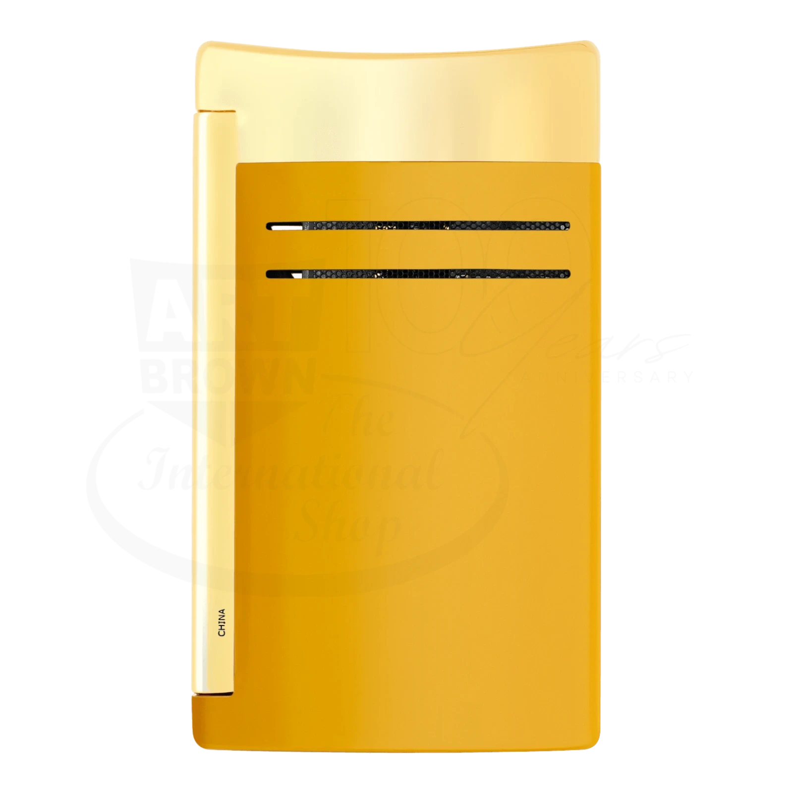 S.T. Dupont Maxijet torch lighter in honey yellow with gold accents, back view, made in China marking.