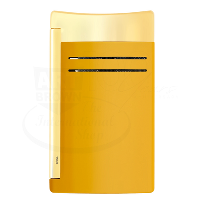 S.T. Dupont Maxijet torch lighter in honey yellow with gold accents, back view, made in China marking.
