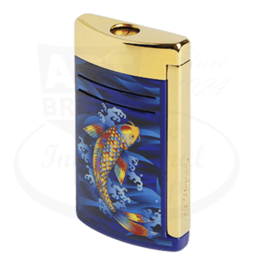 S.T. Dupont Maxijet 020397 brass lighter with shiny gold finish and blue lacquer panel featuring Japanese koi fish woodblock art design