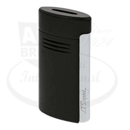 S.T. Dupont Megajet 020700 chrome-lacquer lighter in black and silver, featuring sleek curved design with horizontal ridges and branded chrome side panel