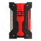 S.T. Dupont Defi XXtreme double flame torch lighter in red and black seen from the front with viewing window and Dupont signature.