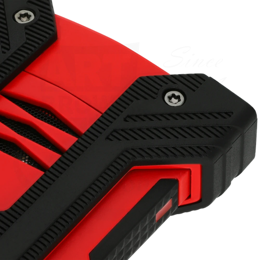 Corner of S.T. Dupont Defi XXtreme double flame torch lighter in red and black