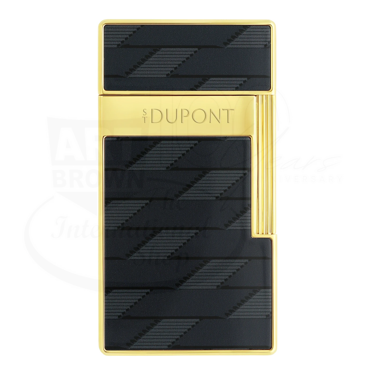 S.T. Dupont Biggy 1872 Monogram lighter 025079 with gold lacquer body and black patterned panels, featuring new Dupont logo, torch flame