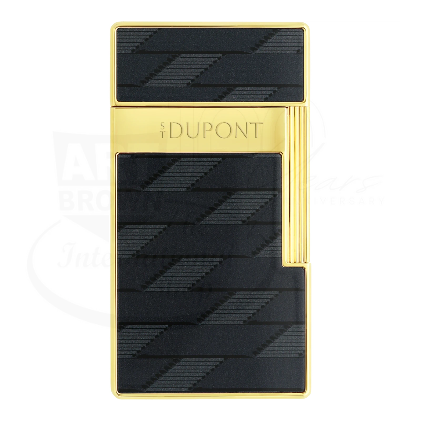 S.T. Dupont Biggy 1872 Monogram lighter 025079 with gold lacquer body and black patterned panels, featuring new Dupont logo, torch flame