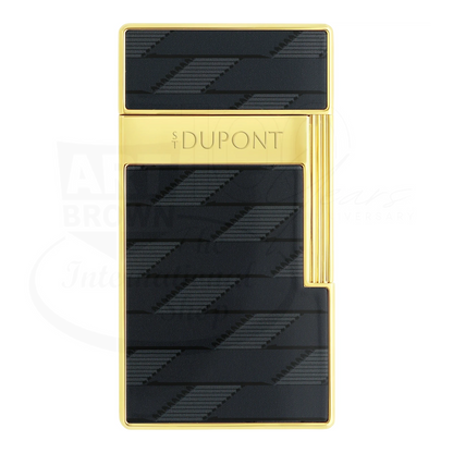 S.T. Dupont Biggy 1872 Monogram lighter 025079 with gold lacquer body and black patterned panels, featuring new Dupont logo, torch flame