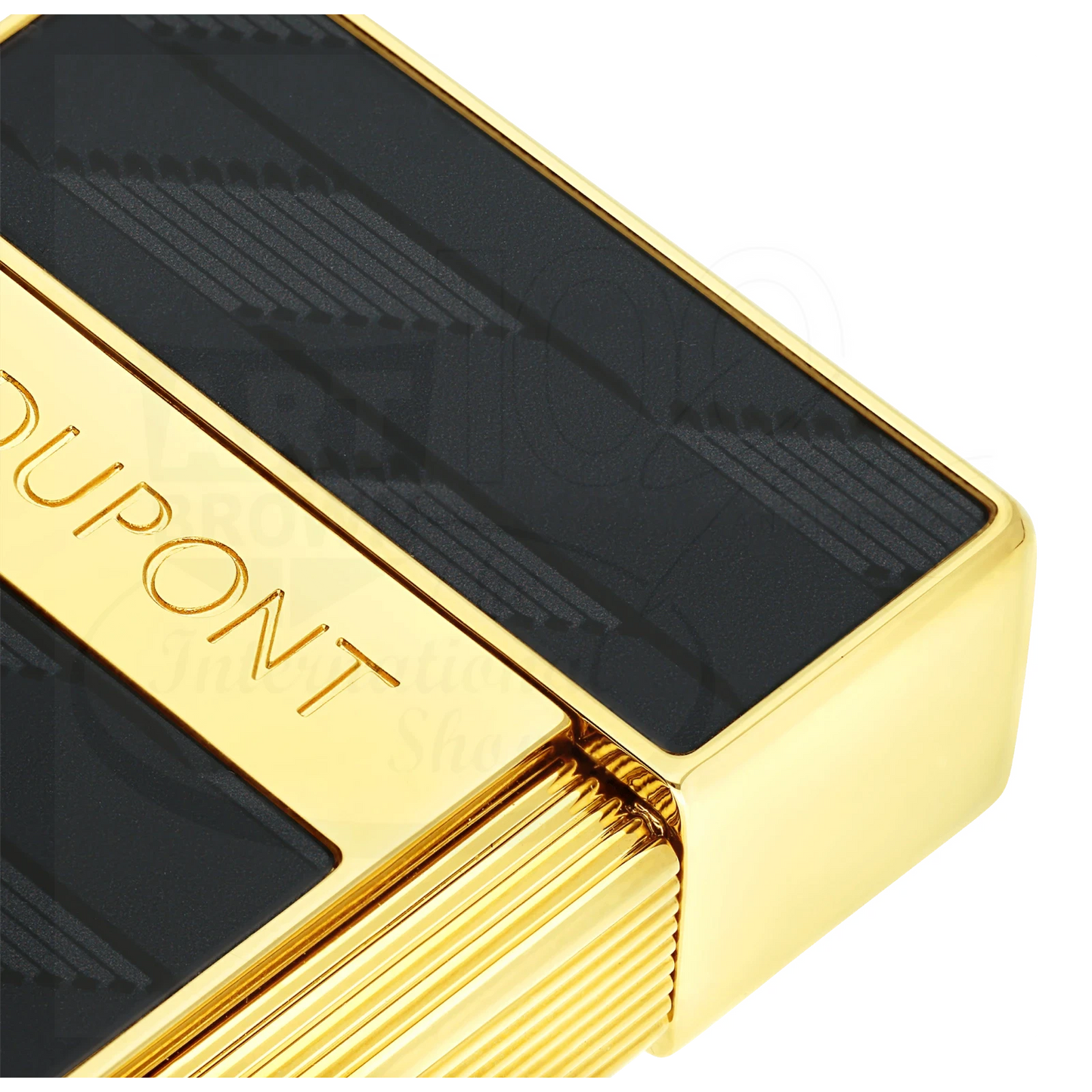 Close up view of S.T. Dupont Biggy 1872 Monogram Lacquered lighter 025079 with gold lacquer and black patterned panels, torch flame