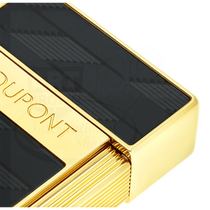Close up view of S.T. Dupont Biggy 1872 Monogram Lacquered lighter 025079 with gold lacquer and black patterned panels, torch flame