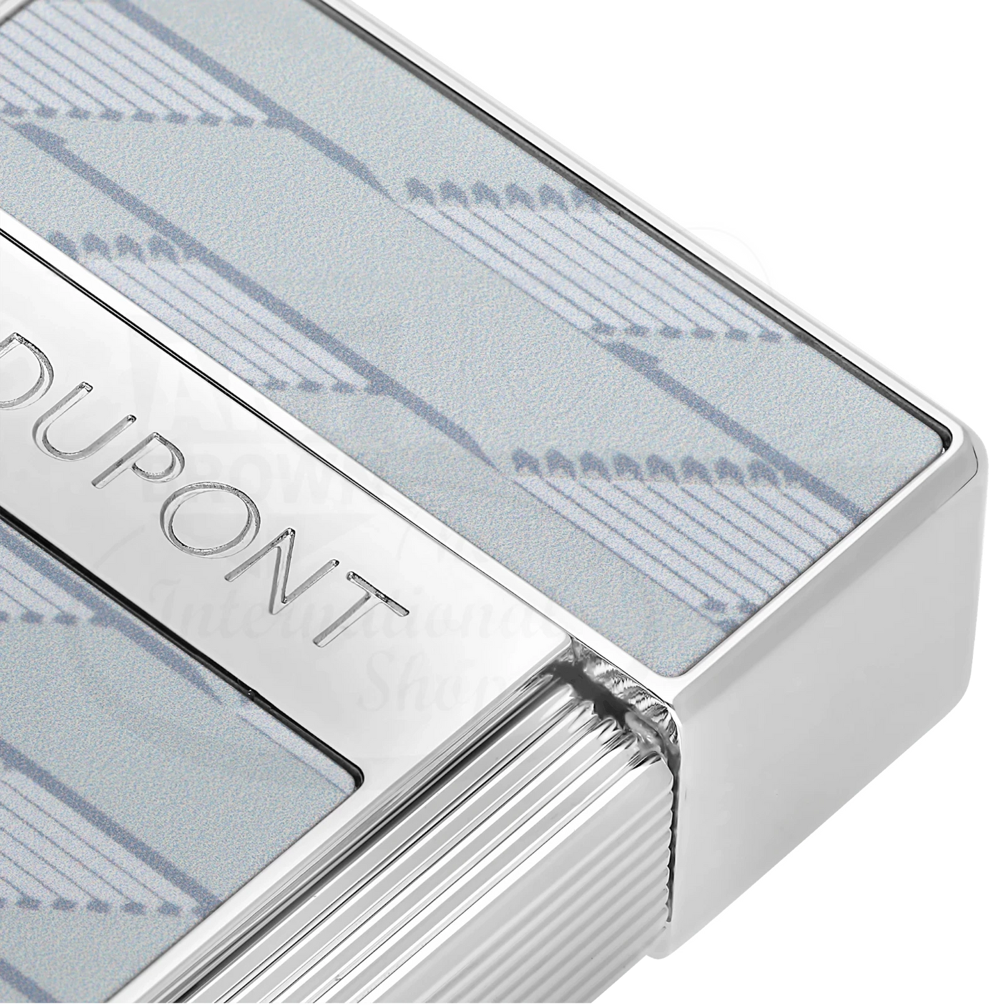 Closeup view of S.T. Dupont Biggy 1872 Monogram lacquered lighter with polished silver trim and grey panels, torch flame
