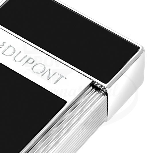 S.T. Dupont Biggy 025221 black lacquer and chrome lighter with sleek rectangular metal body and engraved logo