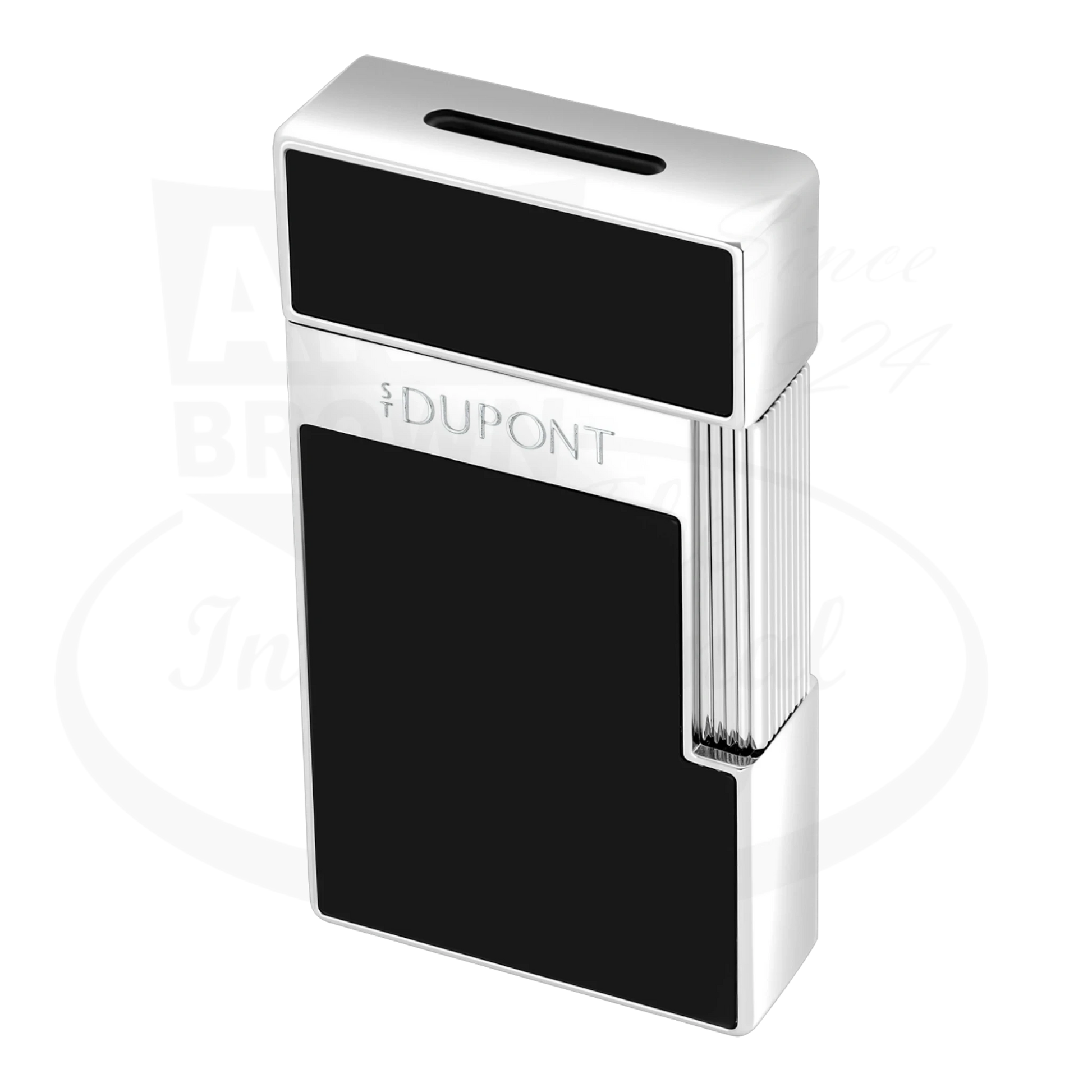 S.T. Dupont Biggy 025221 chrome and black lacquer lighter with sleek rectangular body and ribbed edge details