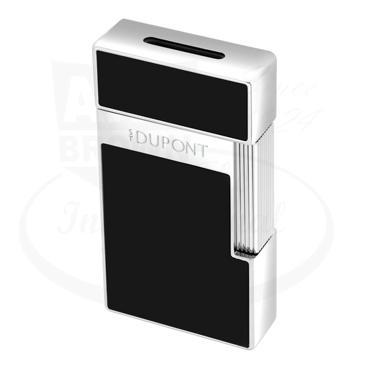 S.T. Dupont Biggy 025221 chrome and black lacquer lighter with sleek rectangular body and ribbed edge details