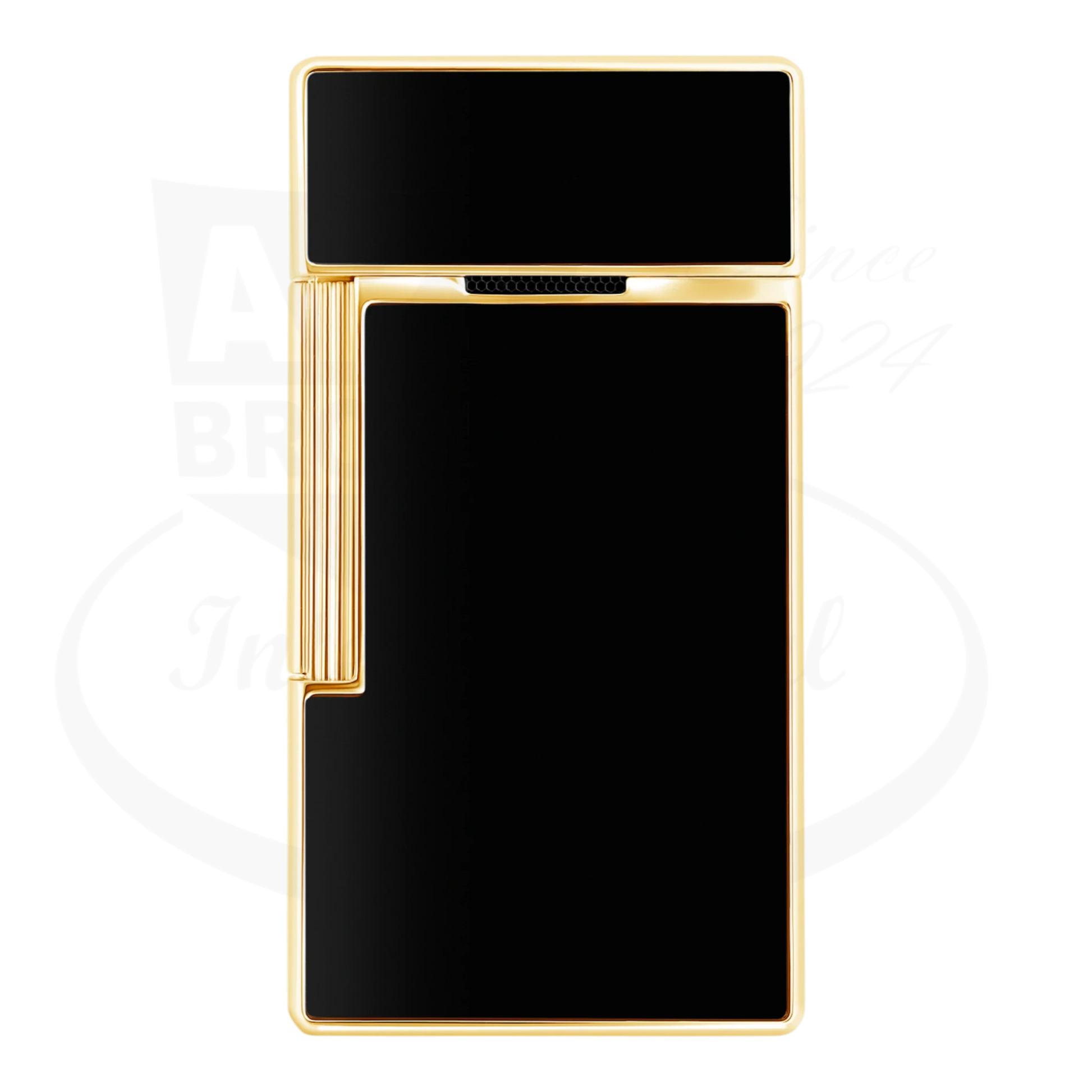S.T. Dupont Biggy Black Lacquer & Gold Lighter, 025222, metal with black lacquer and gold frame, sleek rectangular design.