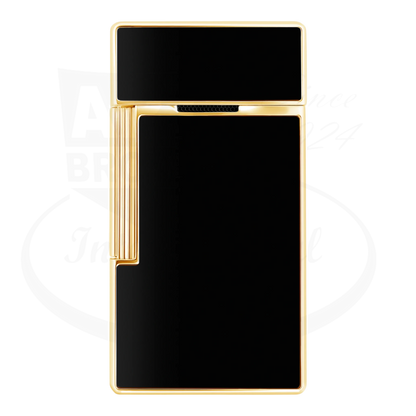 S.T. Dupont Biggy Black Lacquer & Gold Lighter, 025222, metal with black lacquer and gold frame, sleek rectangular design.