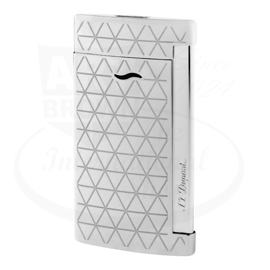 S.T. Dupont Slim 7 027716 chrome metal lighter with geometric triangle pattern, ultra-thin profile, side-mounted igniter, silver finish
