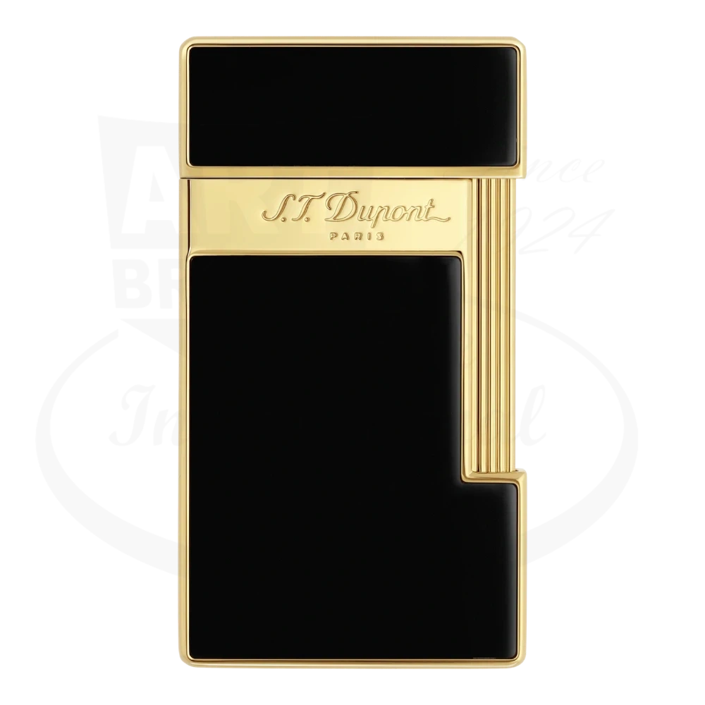 S.T. Dupont slimmy torch lighter with blue lacquer and gold finish seen from the front.