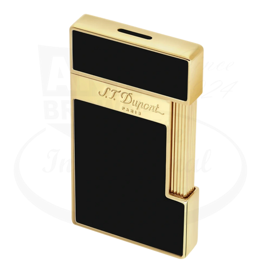 S.T. Dupont slimmy torch lighter with black lacquer and gold finish seen from the side.
