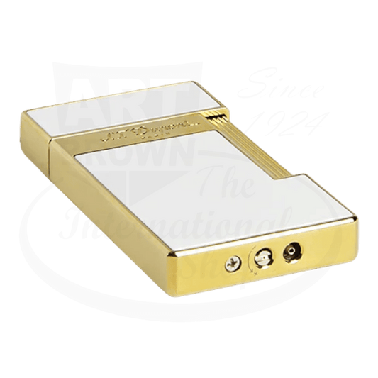 S.T. Dupont slimmy torch lighter with white lacquer and gold accents seen from the bottom