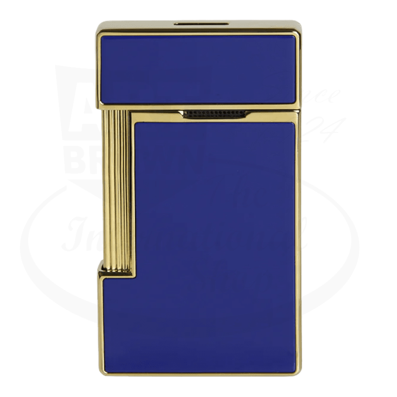 S.T. Dupont slimmy torch lighter with blue lacquer and gold finish seen from the back.