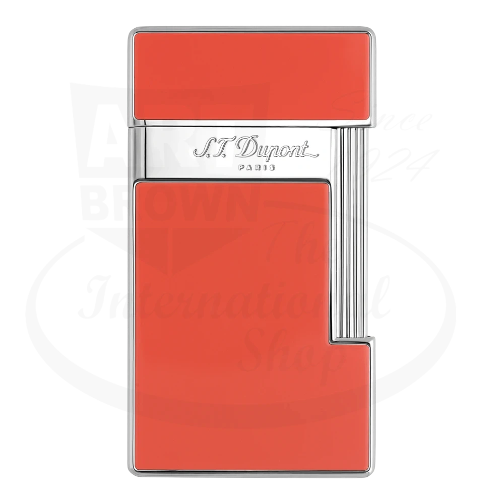 S.T. Dupont slimmy torch lighter with coral lacquer and chrome accents seen from the front