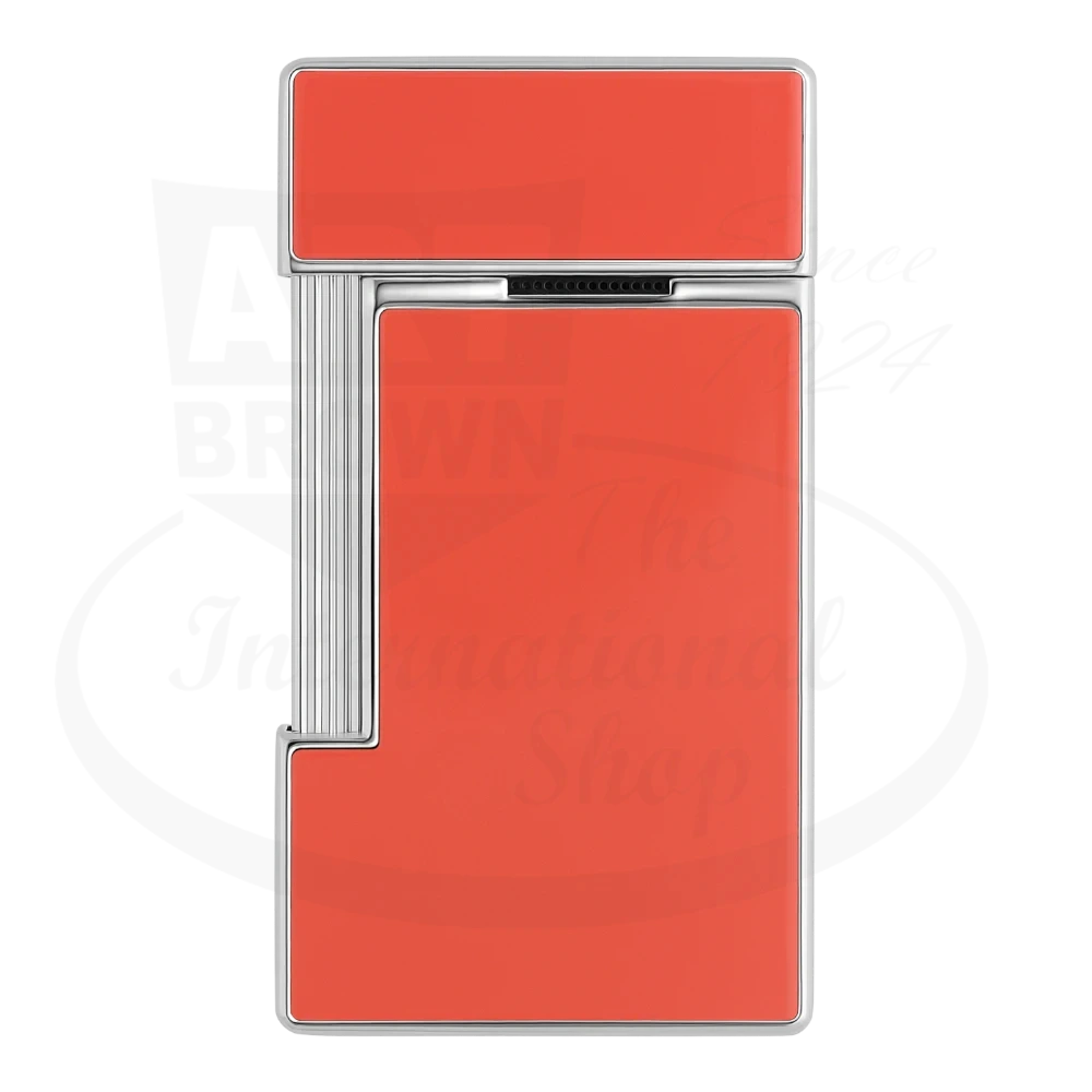 S.T. Dupont slimmy torch lighter with coral lacquer and chrome accents seen from the back