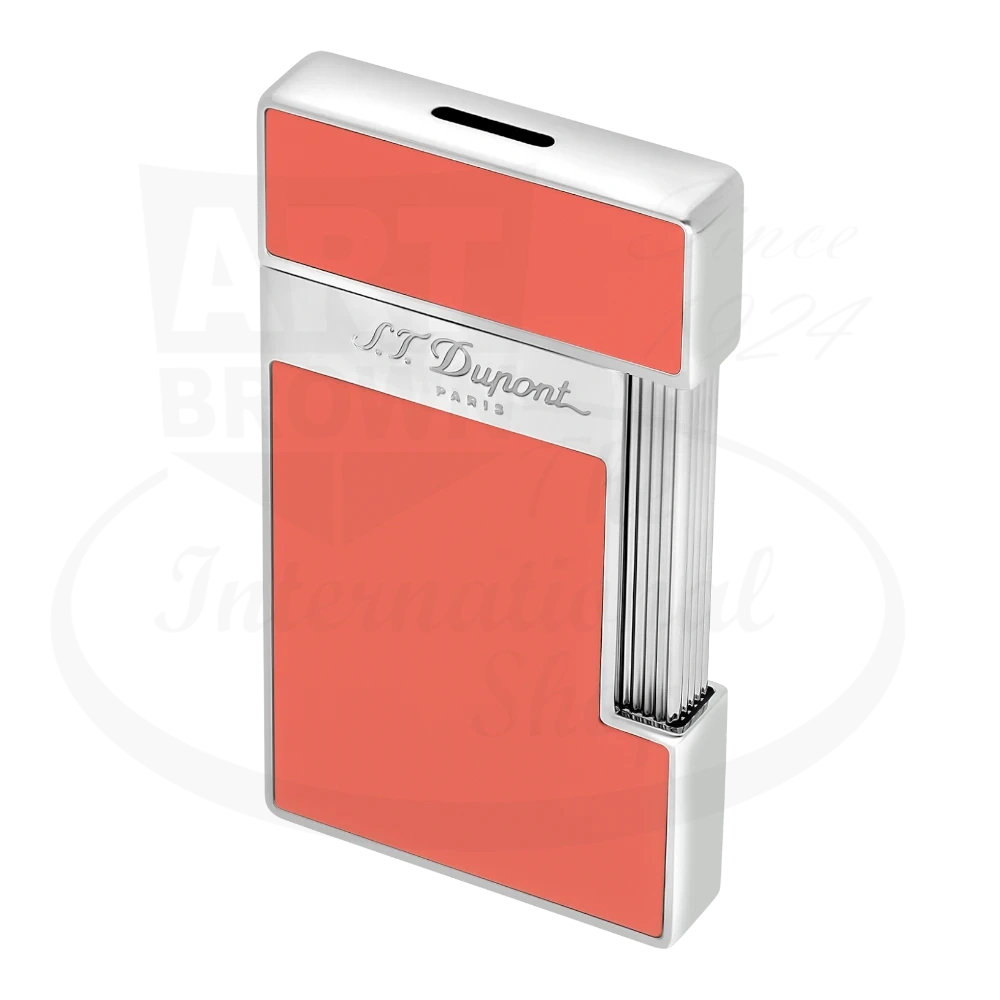 S.T. Dupont slimmy torch lighter with coral lacquer and chrome accents seen from the side