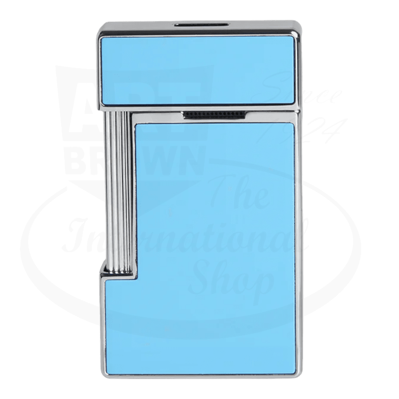 S.T. Dupont slimmy torch lighter with light blue lacquer and chrome accents seen from the back