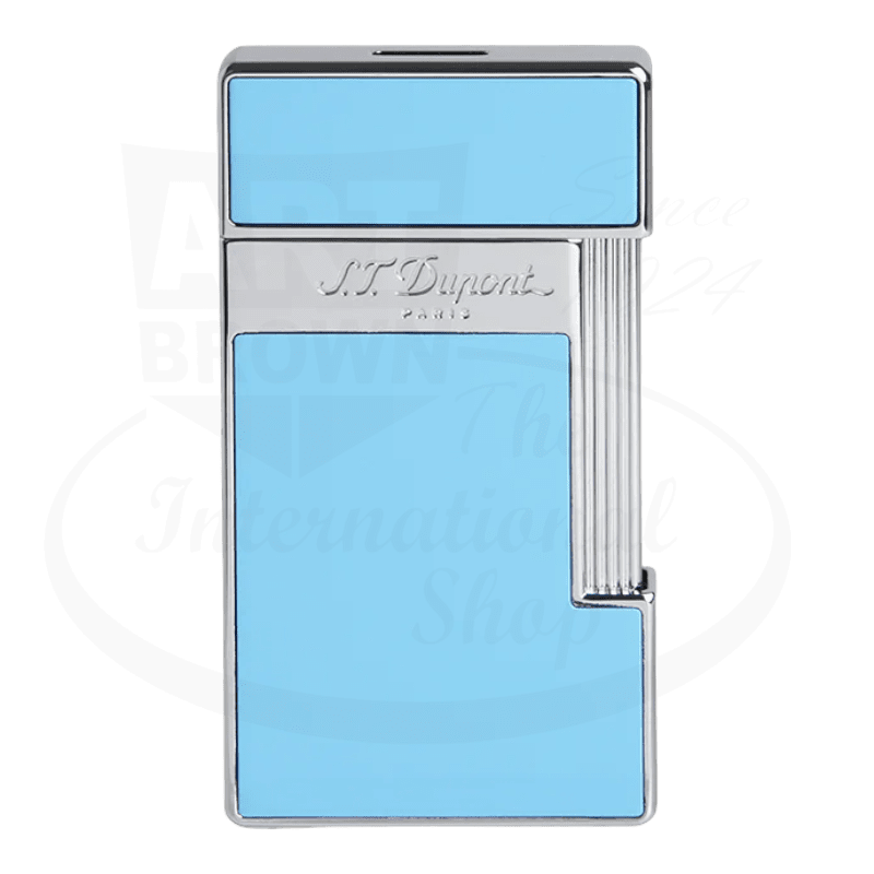 S.T. Dupont slimmy torch lighter with light blue lacquer and chrome accents seen from the front
