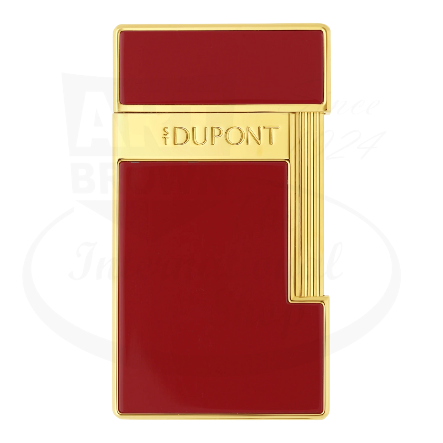 S.T. Dupont slimmy lighter with red lacquer and gold finish, seen from the front with new S.T. Dupont logo.