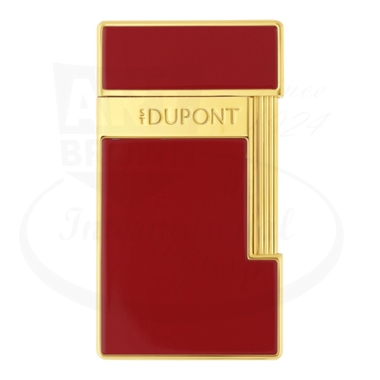 S.T. Dupont slimmy lighter with red lacquer and gold finish, seen from the front with new S.T. Dupont logo.