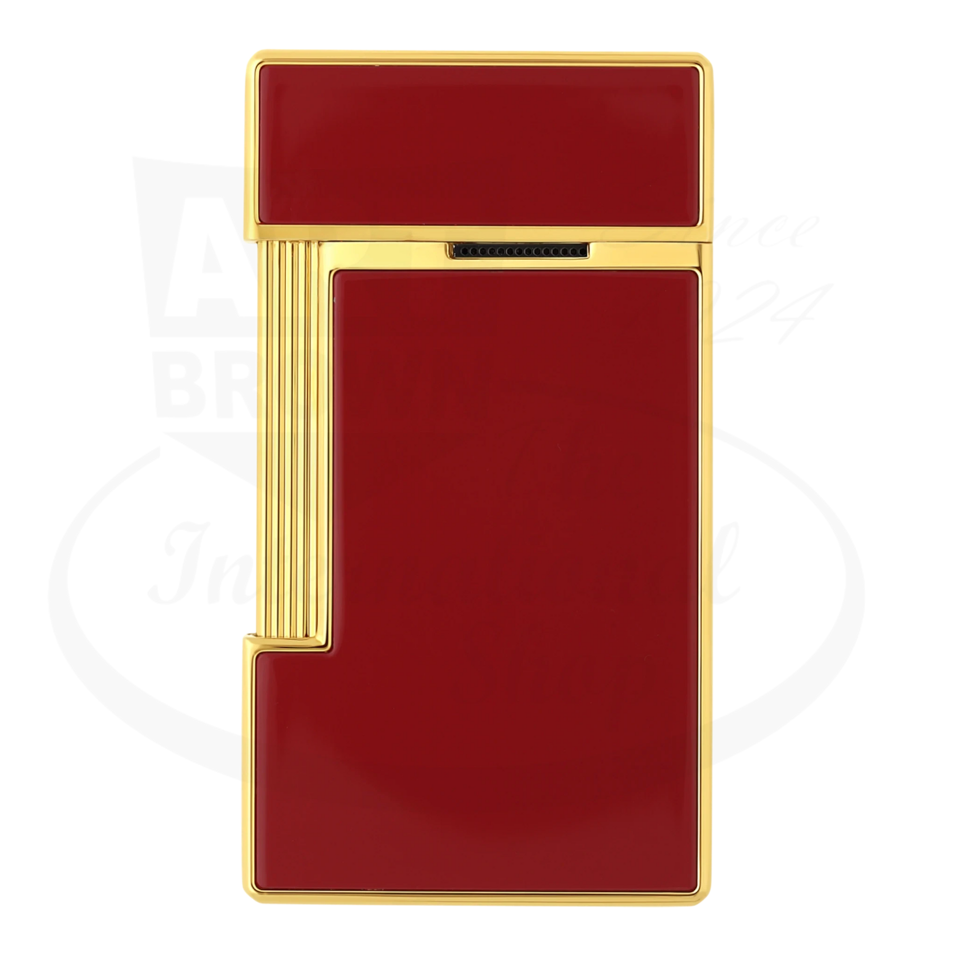S.T. Dupont slimmy lighter with red lacquer and gold finish, seen from the back.