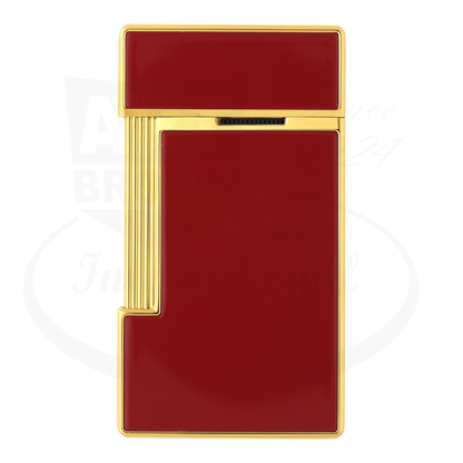S.T. Dupont slimmy lighter with red lacquer and gold finish, seen from the back.