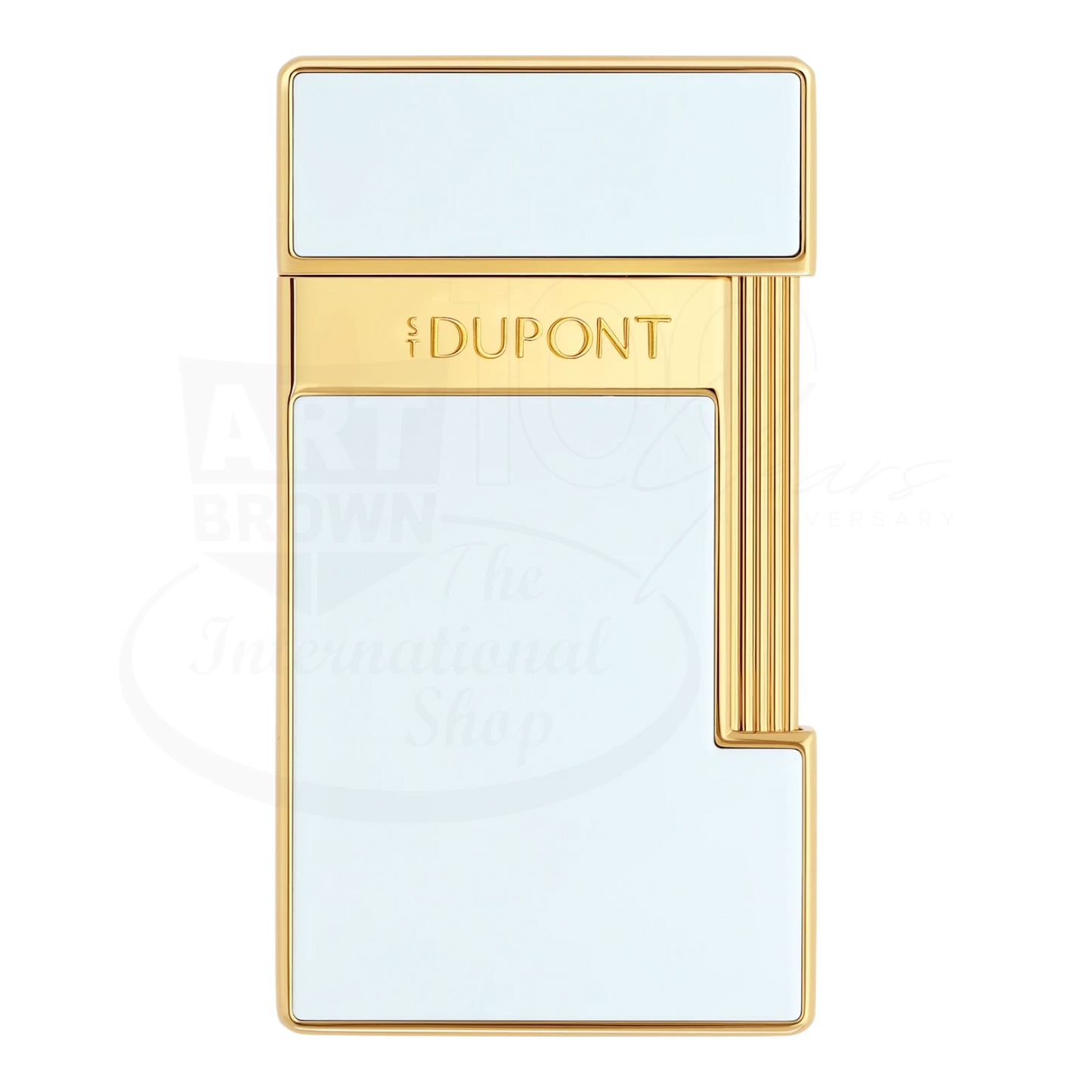 S.T. Dupont Slimmy lighter with white lacquer and gold accents, featuring the newest S.T. Dupont logo.