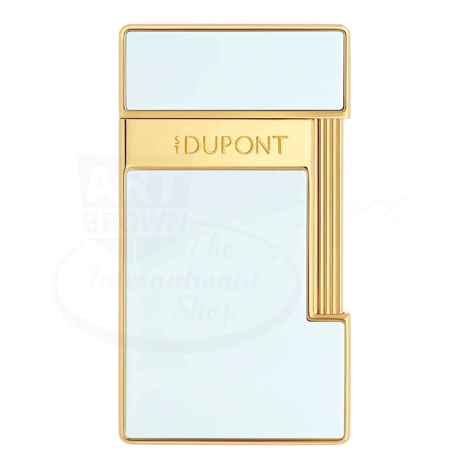 S.T. Dupont Slimmy lighter with white lacquer and gold accents, featuring the newest S.T. Dupont logo.