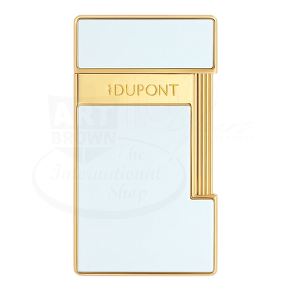S.T. Dupont Slimmy lighter with white lacquer and gold accents, featuring the newest S.T. Dupont logo.